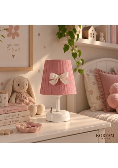 Gül Kurusu Pembe Keten Kumaş Kız Çocuk Odası Pilli Masa & Gece Lambası Çok Renkli