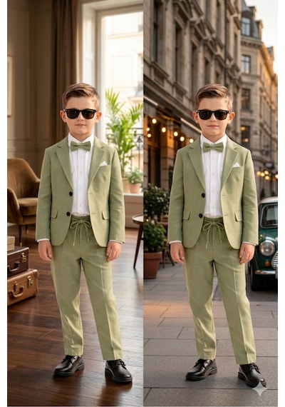 Baby Kids Colors Flamlı Keten Salaş Ceketli Takım Elbise/gömlek Pantolon Ceket Papyon Ay Grubu Zıbınlı Haki