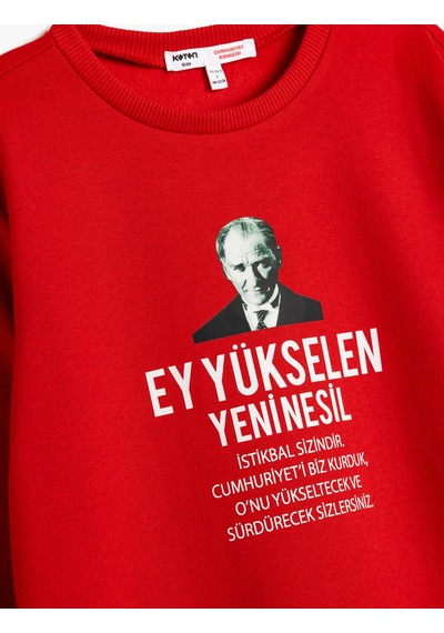Koton Atatürk Baskılı Sweatshirt Şardonlu Bisiklet Yaka Uzun Kollu Kırmızı 5wkb10476tk Kırmızı