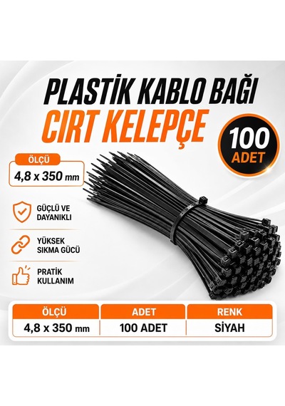 100 Adet Kablo Bağı Plastik Cırt Kelepçe 4,8x350 Mm Siyah Güçlü Kilitleme Kablo Sabitleme Bağı Genel