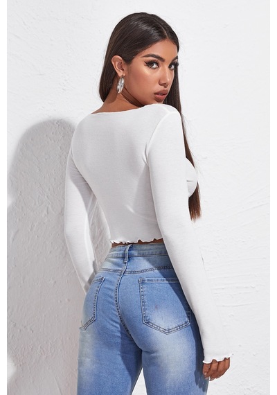 Veraura Lifestyle Kadın Beyaz Uzun Kollu Büzdürme Bağcık Detaylı Crop Top Bluz