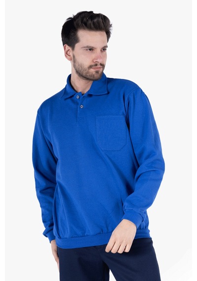 İki İplik Polo Yaka Cepli Sweatshirt Saks Mavi