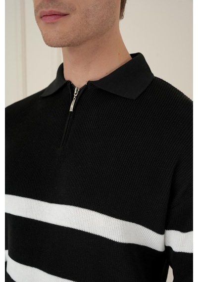 Efor Slim Fit Çizgili Fermuarlı Polo Yaka Siyah Triko Kazak Tr 877 Siyah
