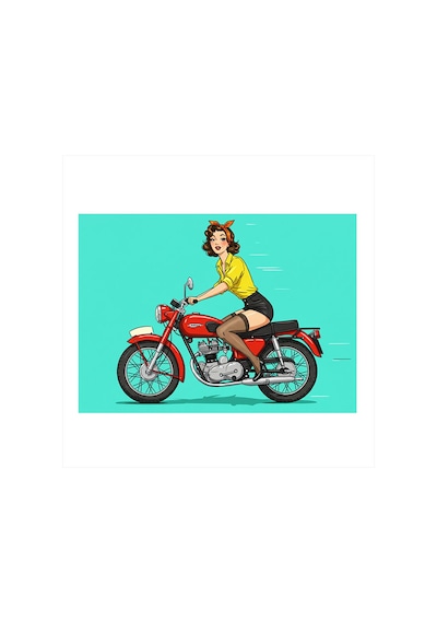 Retro Motosiklet Süren Kadın Hediyelik Mdf Tablo