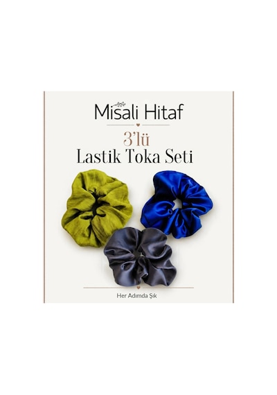 3'lü Lastik Toka Seti Kadın Saç Tokası Saç Lastiği Lacivert - Yeşil - Gri