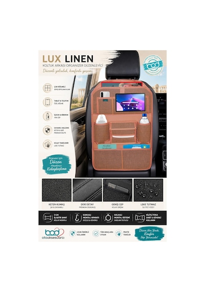 Bod Lux Linen Serisi Keten Koltuk Arkası Düzenleyici Araç İçi Organizer B