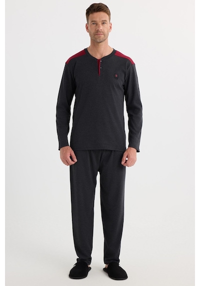 Tudors Erkek Regular Fit Pamuklu Düğmeli Yaka Beli Lastikli Desenli Antrasit Pijama Takımı-37942 Antrasit