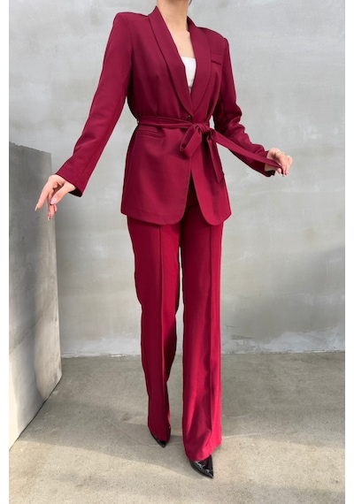 Msm Fashion Kadın İkili Kuşaklı Blazer Ceket Pantolon Takım Bordo