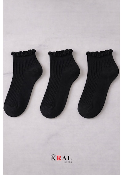 Kral Socks 3 Çift Pamuklu Fırfırlı Kadın Patik Çorap Dikişsiz Burun Siyah