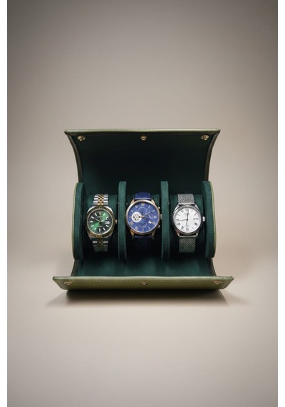 3 Lü Deri Saat Kutusu Silindir Tasarım Taşınabilir Saat Saklama Organizer 24x11x7 Cm Haki
