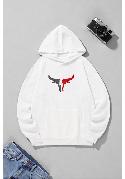 Uyguntarz Boğa Tasarım Baskılı Unisex Oversize Sweatshirt beyaz