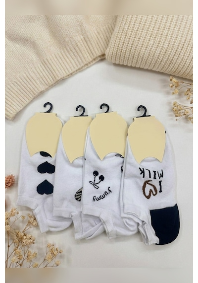 Mataş 4'lü Paket Kadın Patik Çorap Desenli Pamuklu Dikişsiz Bilek Boy Beyaz 36-40