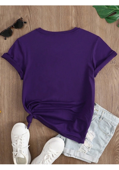 Unisex Sevimli Kedi Patili Kalp Tasarım Basklı Tshirt Mor