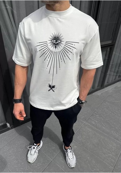 Suma Unisex Oversize Bisiklet Yaka Baskılı Beyaz T-shirt - Xl