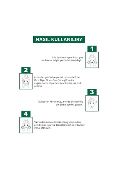 Sinoz Pure Cica Tiger Grass Anında Ton Eşitleyici Onarıcı ve Nemlendirici Sıvı Yüz Güneş Kremi SPF50+ PA++++ 50 ML