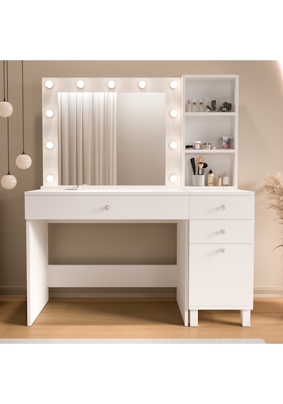 Robin Home Hollywood Makyaj Masası 3 Çekmece Kapaklı Düzenleyici Hollywood Led Işıklı Raflı Beyaz