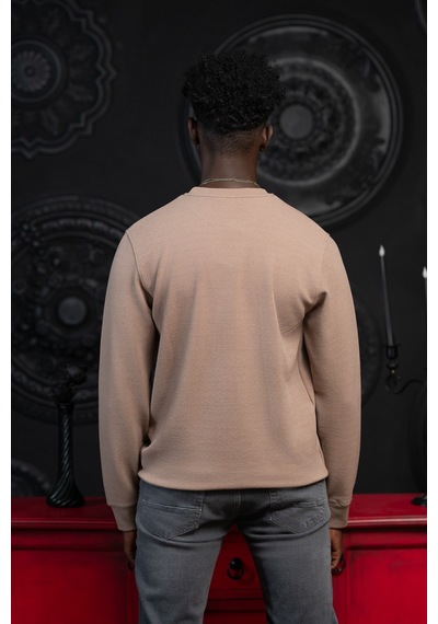 Dorss Regular Fit Armürlü Bisiklet Yaka Likralı Mevsimlik Sweatshirt Kahverengi