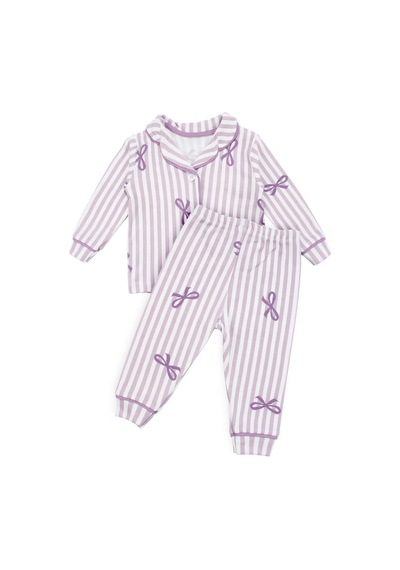 Bebegen Kız Bebek Beyaz Lila Fiyonklu Çizgili Pijama Takımı
