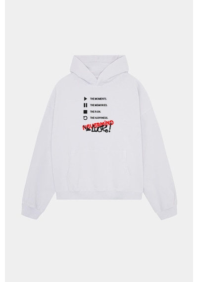 Unisex Kapüşonlu Sweatshirt - Luck Yazılı Oversize Hoodie Beyaz