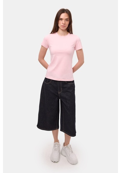 Itsbasic Kadın Light Pembe S6-98 Bisiklet Yaka %100 Organik Pamuk Esnek Kumaş T-shirt