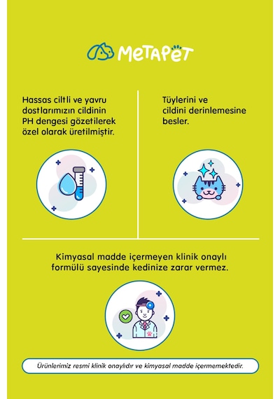 Metapet Kuru Köpük Kedi Şampuanı Hassas Ciltli Kediler İçin Doğal Susuz Yıkama 200 ML