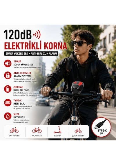 120 Db Usb Type-c Şarjlı Bisiklet Kornası Ve Anti Hırsızlık Alarmı Elektrikli Bisiklet Zili Scooter, Mtb Ve Yol Bisikleti Uyumlu 200mah Batarya Siyah