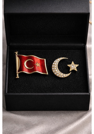 Premium Ay Yıldız Broş Seti Siyah Kadife Kutulu Şık Hediye Zarif Tasarım Rozet Renkli