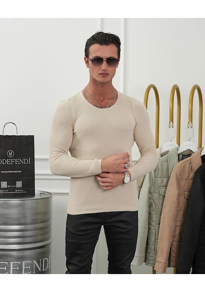 Modefendi Slim Fit Pamuk Triko Açık Sıfır Yaka Kazak Krem