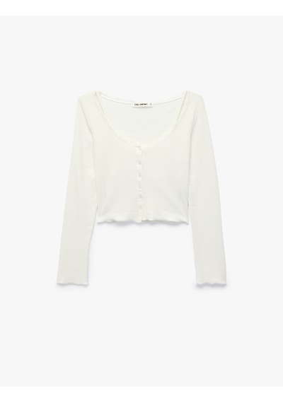 Koton Modal Karışımlı Dantel Detaylı Slim Fit Kısa Kollu U Yaka Hırka Ekru 6sal90025ık
