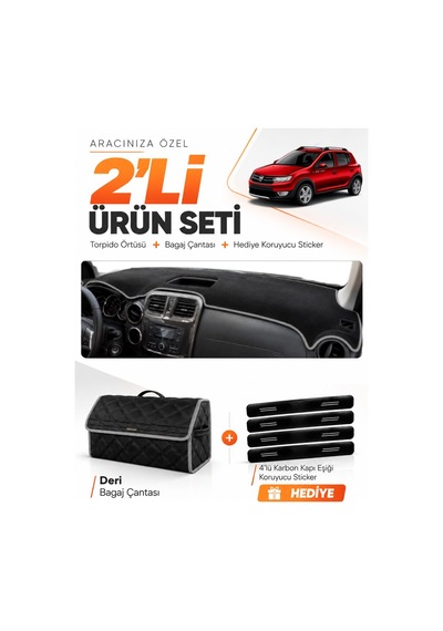 E-biz Dacıa Sandero Stepway 2015-2021 Uyumlu Torpido Örtüsü + Deri Çanta - Siyah-gri - Da004
