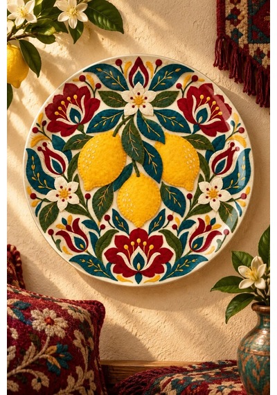 Dekoratif Duvar Tabağı Limon Ve Anadolu Motifleri Dekorlu Seramik Tabak Metalik