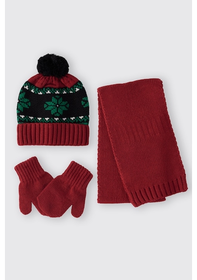 Unisex Bebek Kırmızı Atkı Bere Eldiven Seti 15238885