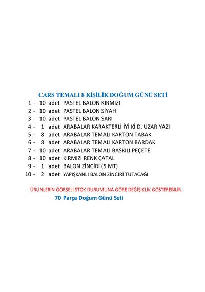 Arabalar Temalı 8 Kişilik Doğum Günü Seti