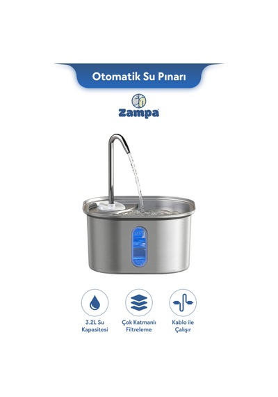 Zampa Kare Paslanmaz Çelik Pet Otomatik Su Pınar