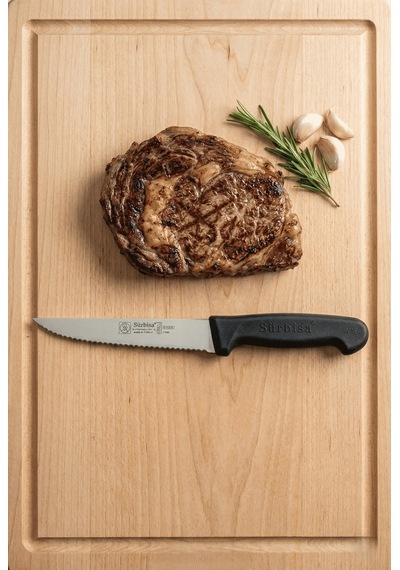 Lazerli Tırtıklı Sürmene Sebze Meyve Biftek Steak Mutfak Bıçağı 24 Cm Lazer Bileme Sürbisa 61005-lz Siyah