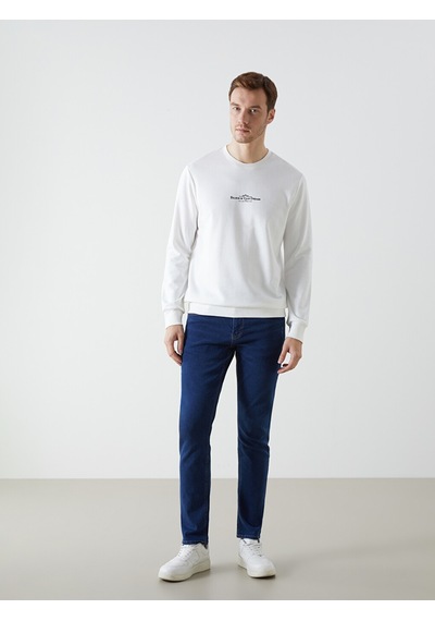 Lcwaıkıkı Classic Beyaz Bisiklet Yaka Uzun Kollu Baskılı Erkek Sweatshirt