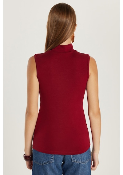 Tudors Kadın Regular Fit Klasik Kesim Viskon Kumaş Balıkçı Yaka Sıfır Kol Bordo Bluz-34816 Bordo