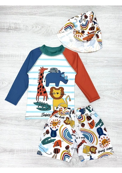 My Kids Wear Güneş Korumalı Boneli Karakter Desenli Deniz Şortlu Mayo Takım Açık Yeşil