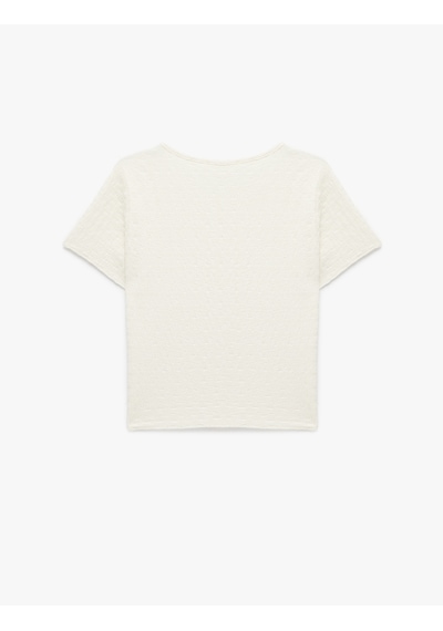 Koton Bürümcük Kumaş Dokulu Bisiklet Yaka Kısa Kollu Crop Tişört Ekru 6sak50489ek