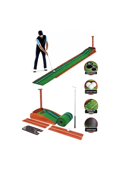 Walke Golf Putt Matı Ahşap Otomatik Top Dönüşlü Golf Antrenman Seti 3 Toplu 2 Delikli Yeşil