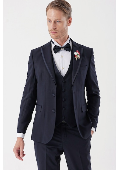 İmza Koyu Lacivert Desenli Armürlü Çıkarılabilir Mono Yaka Yelekli 6 Drop Slim Fit Smokin Damatlık Takım 1001230202-Koyu Lacivert İmza Koyu Lacivert Desenli Armürlü Çıkarılabilir Mono Yaka Yelekli 6 Drop Slim Fit Smokin Damatlık Takım 1001230202-Koyu Lacivert