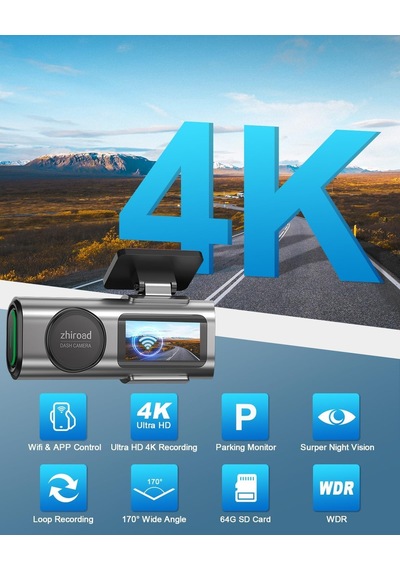 4k Wifi Ön Araç İçi Kamera, Uygulama Kontrolü, 64 G Sd Kart Ve Çıkarılabilir Tutuculu, 1,47 İnç Ips Ekran, 170