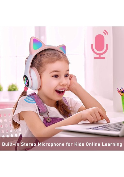 Led Işıklı Kedi Kulaklı Kablosuz Bluetooth Kulaklık Çocuklar İçin Katlanabilir, Derin Baslı Hifi Stereo, Tf Kart Ve Aux Girişli, Kız/erkek Uyumlu