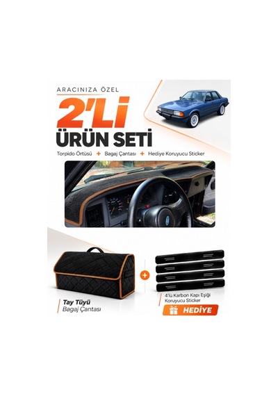 Ford Taunus 1985-1994 Uyumlu Torpido Örtüsü + Tay Tüyü Bagaj Çantası + Sticker - Siyah Kahverengi