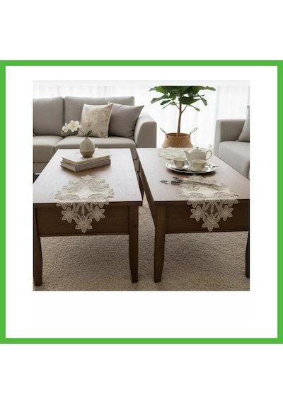 Vaveni Selena Model Krem Çeyizlik 5 Parça Dantelli Keten Runner Masa Örtüsü Seti Arz