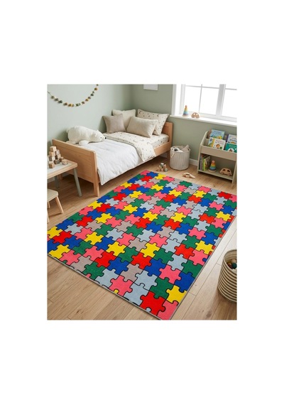 Renkli Puzzle Desenli Çocuk Odası Halısı Kaymaz Taban Eğlenceli Oyun Halısı Çok Renkli