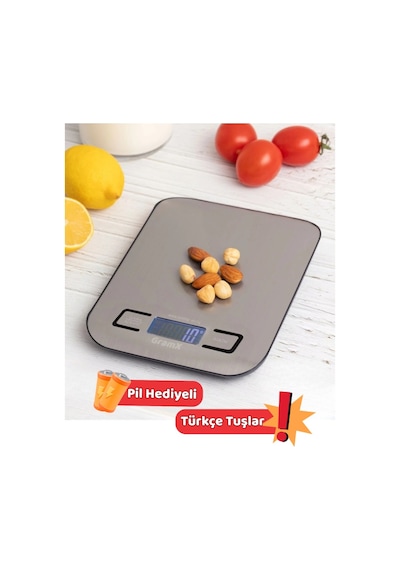 Hassas Mutfak Terazisi 5 Kg - 1 Gr Hassasiyet - Paslanmaz Çelik - Led Ekran - Pil Hediyeli Gri