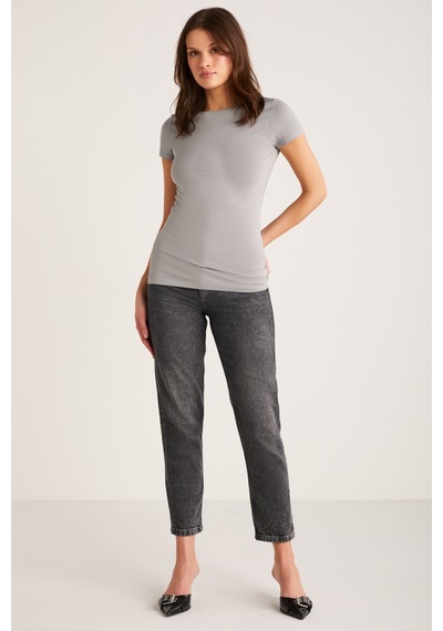 ETHIQUET ZE DA Kadın %100 Organik Pamuk Slim Fit Dar Kesim Bisiklet Yaka Kısa Kollu Gri T-shirt