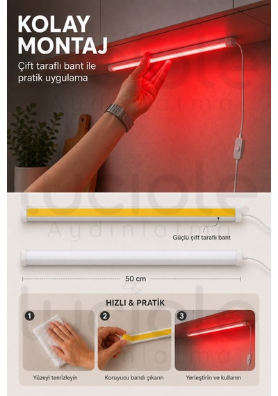 50 Cm Kırmızı Led Işık Usb Anahtarlı Dekoratif Gaming Masa Vitrin Raf Yapışkanlı Aydınlatma Barı