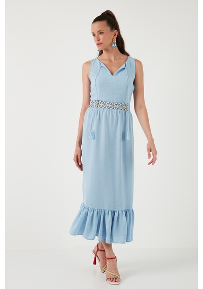 Lela Regular Fit Volanlı Kolsuz Midi Bayan Elbise 611El574 Bebe Mavi